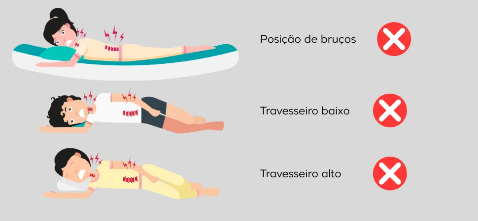 Posições erradas para dormir - de bruços, com travesseiro muito alto ou muito baixo