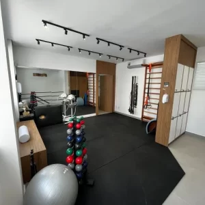 Espaço de fisioterapia funcional na Clínica Vertz Tatuapé, equipado com bola suíça, halteres e acessórios para exercícios de reabilitação e fortalecimento muscular.